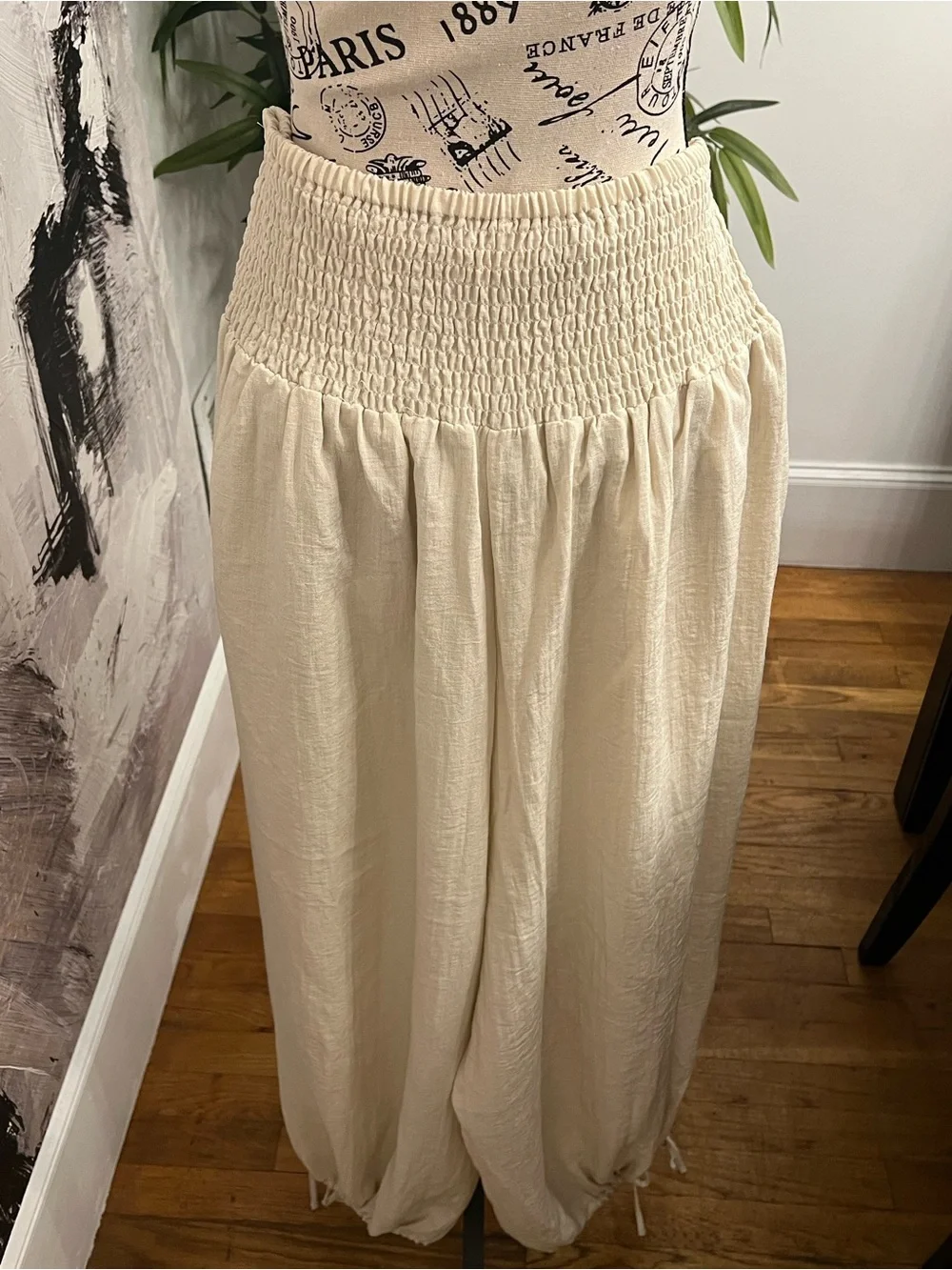 Zara Cream Smocked Waist Wide-Leg Joggers
